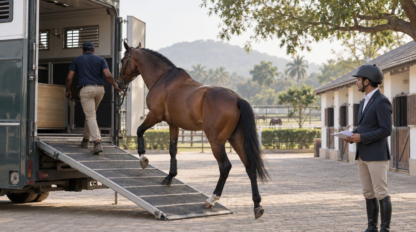 Horse being led up a transport ramp
