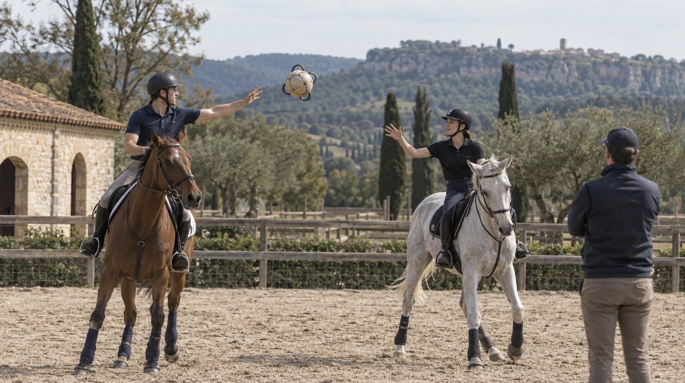 Dos jinetes a caballo practican un pase de horseball mientras un entrenador observa desde el borde de la pista