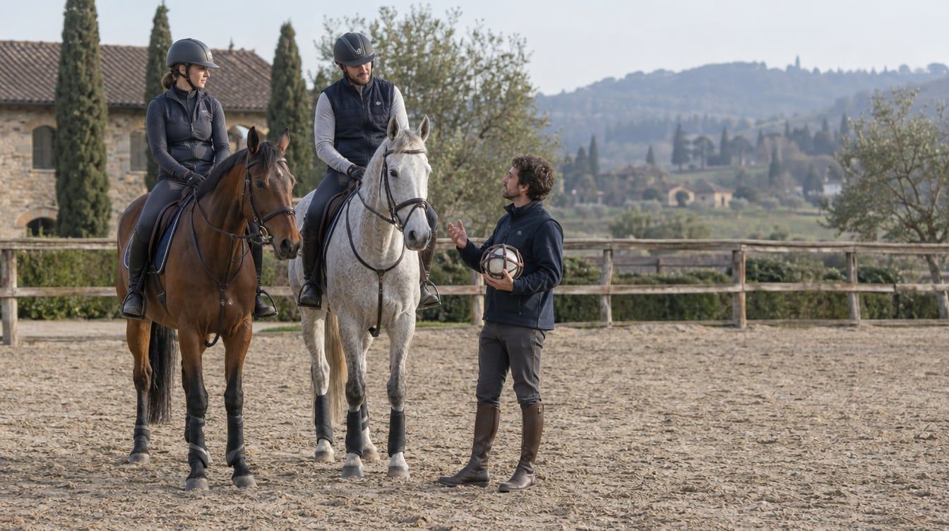 Un istruttore con una palla da horseball parla con due cavalieri su un cavallo baio e uno grigio