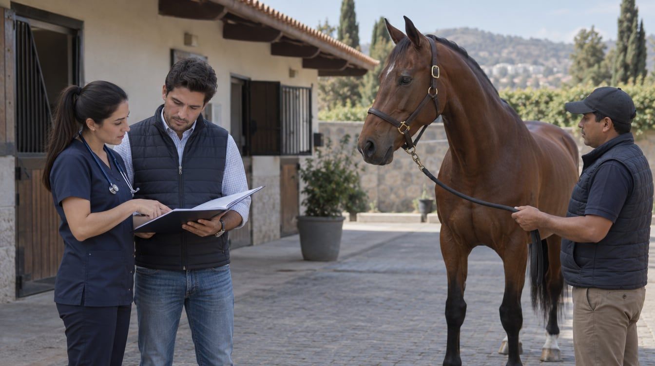Veterinaria y propietario revisan una carpeta junto a un caballo en un patio de consulta en Cuautitlán Izcalli.