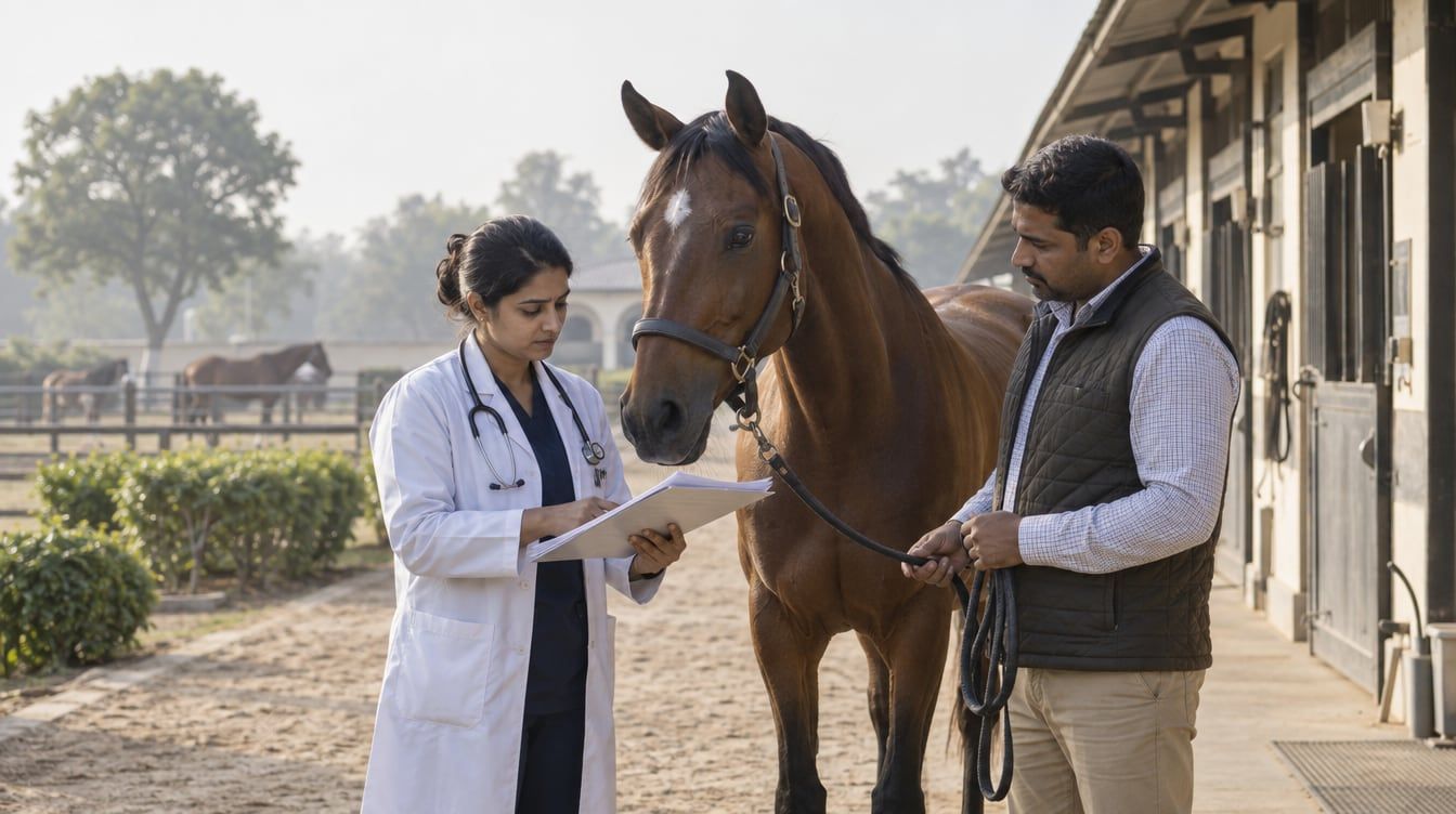 Horse in a stable yard during a record review
