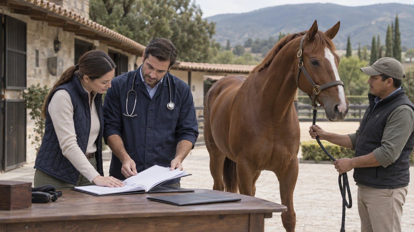 Compradora y veterinario revisan documentos junto a un caballo alazán en una caballeriza