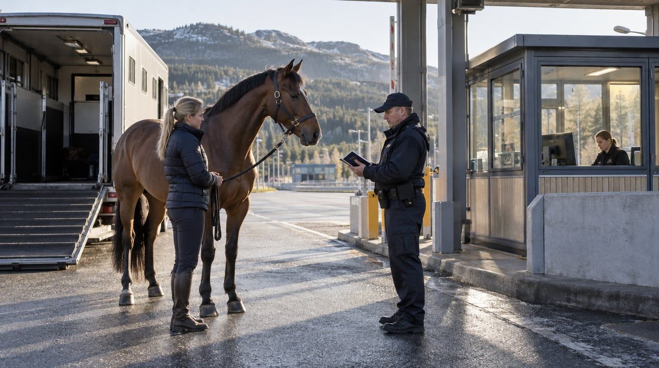 En hest blir ledsaget ut av en hestebil ved norsk grenseovergang