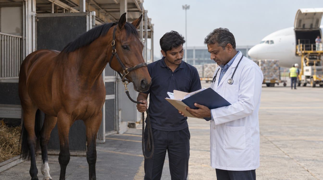 Bay horse beside an aircraft while a handler and a veterinarian review a folder