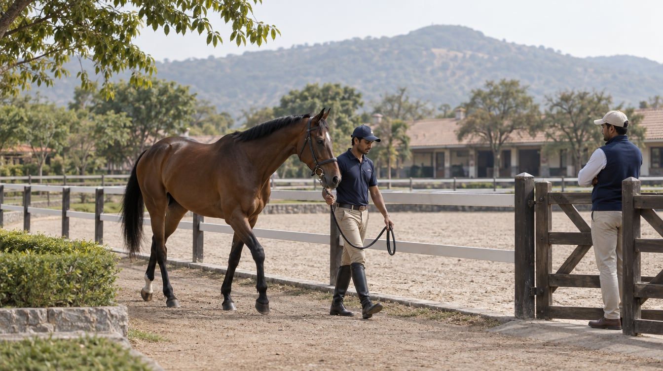 A handler leading a bay horse beside a fenced riding arena while a trainer watches near the gate