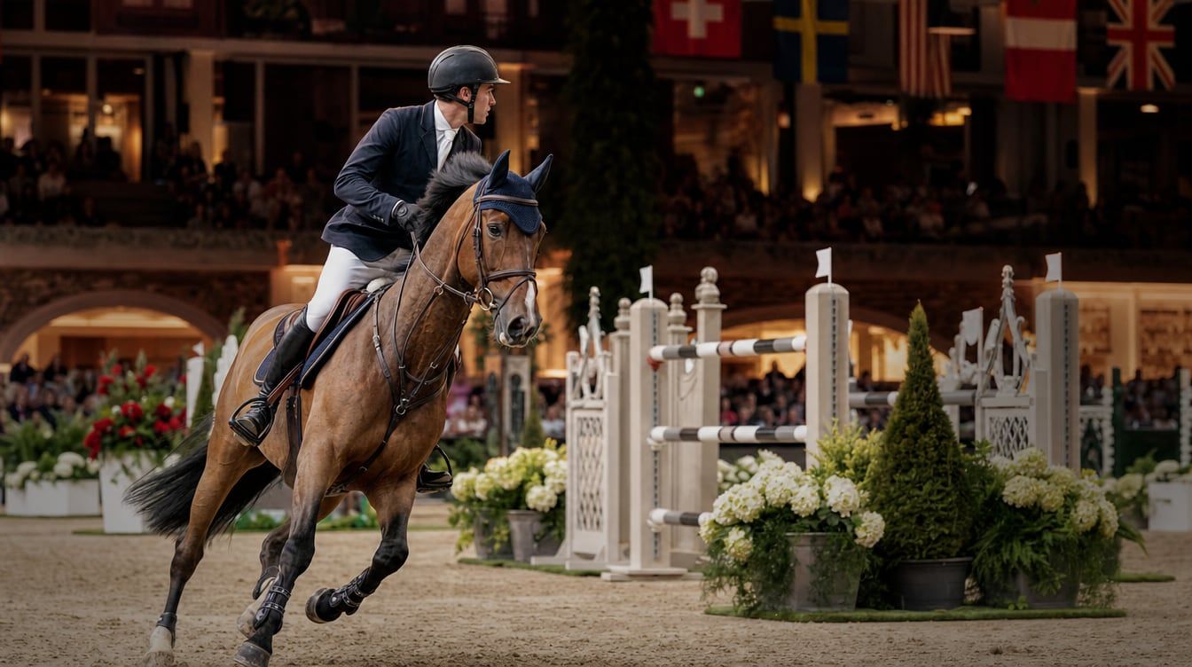 Indoor showjumper competing in an elegant indoor arena with rider approaching a technical line