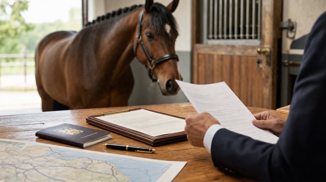 International buyer and seller reviewing a horse purchase contract beside a sport horse in a stable