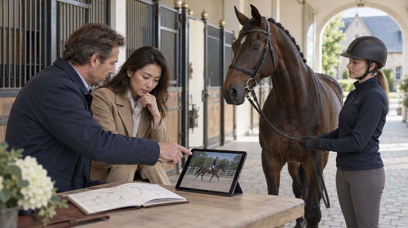 Rider and seller reviewing a sport horse and digital auction dossier in the stable