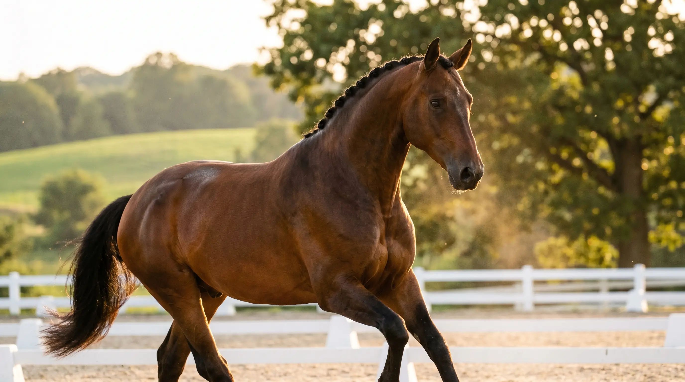 Nederlands KWPN-sportpaard in galop op een buitenpiste tijdens het gouden uur