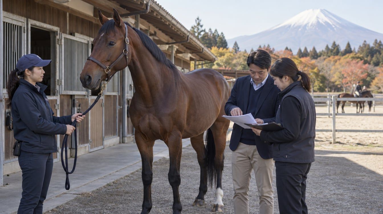 日本の乗馬クラブの厩舎前で、鹿毛の競技馬を引く担当者と登録書類を照合する購入検討者
