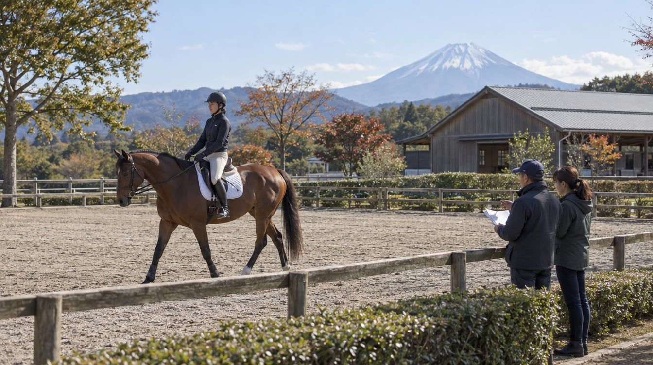 日本の乗馬施設の馬場脇で、騎乗中の鹿毛馬を見ながら経路用紙を確認する指導者と買い手