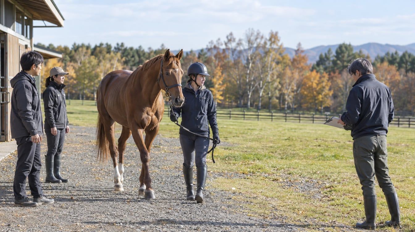 草地と秋の木々を背景に、鞍を外した栗毛の馬を引くヘルメット姿の人物と、そばに立つ人々を描いたイメージ