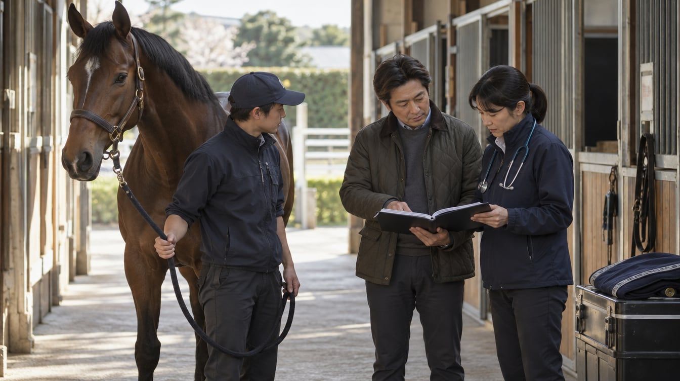 厩舎の通路で鹿毛の馬を引く人と、そのそばで開いた記録を一緒に確認する二人