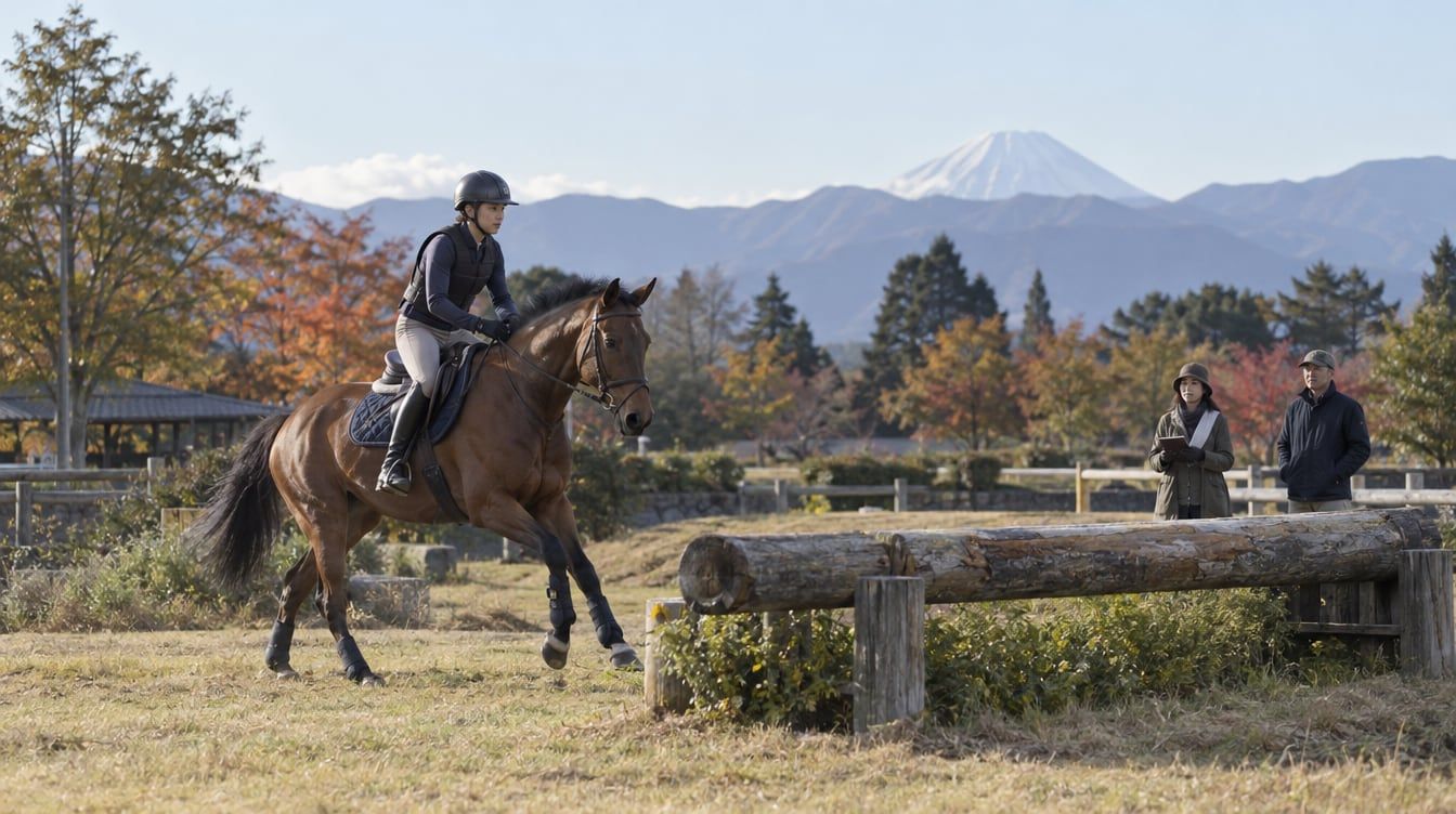 丸太障害へ向かう鹿毛の馬と騎手、離れた場所から見守る手帳を持った観客