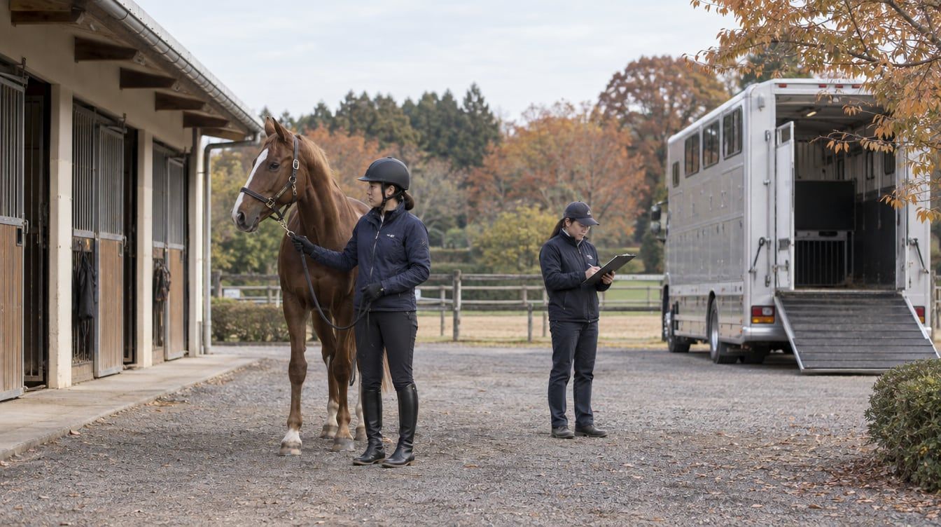 厩舎と馬運車の間で栗毛の馬を保持する人と、書類を確認する人を描いたイメージ