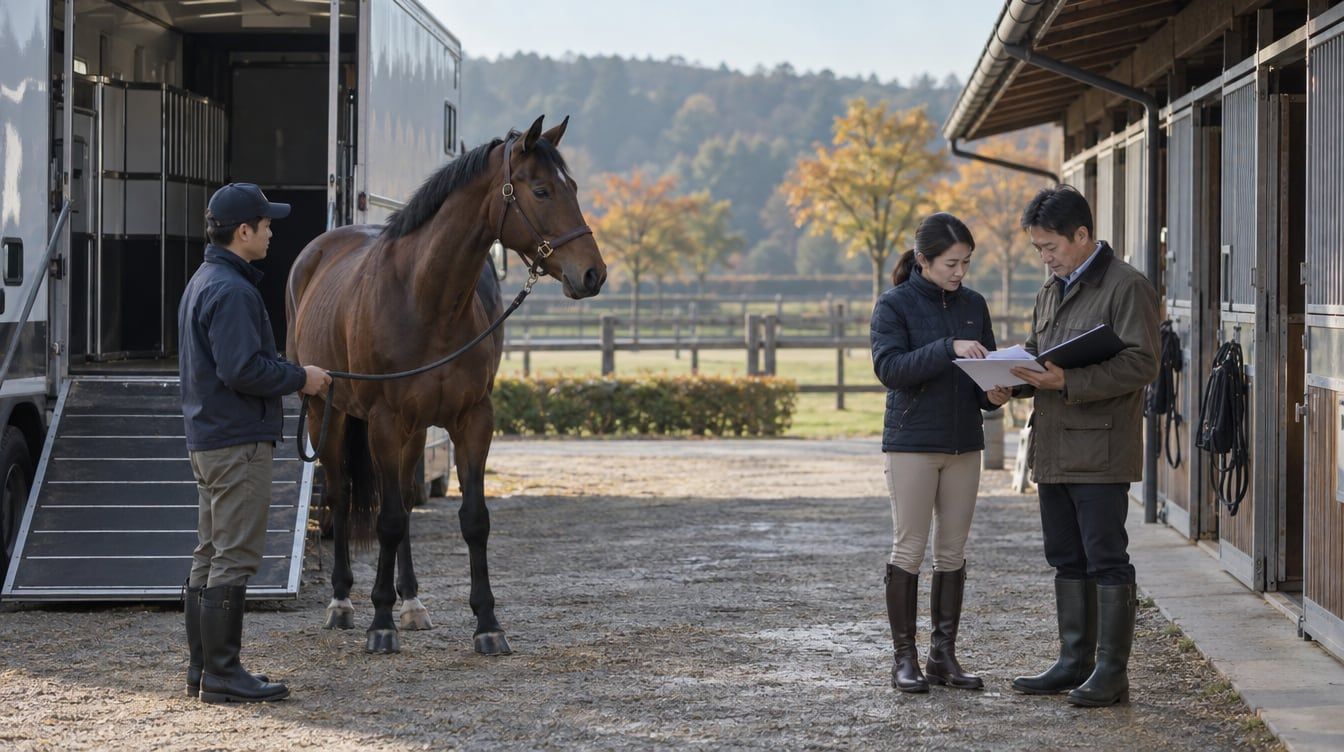 厩舎前に停車した馬運車のそばに立つ鹿毛馬と、引き綱を持つ人物、書類を確認する二人
