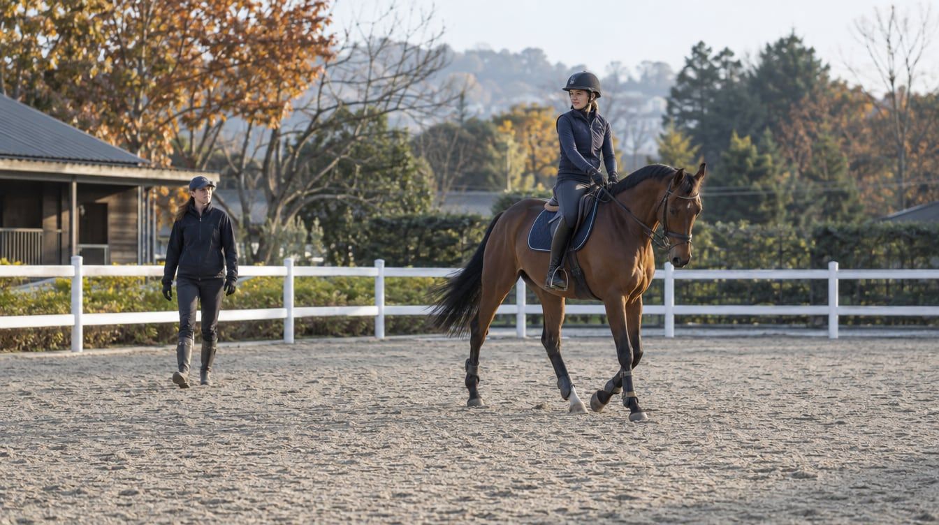 白い柵のある馬場で鹿毛馬に乗るヘルメット姿の騎手と、後方を歩く人物を描いた生成画像