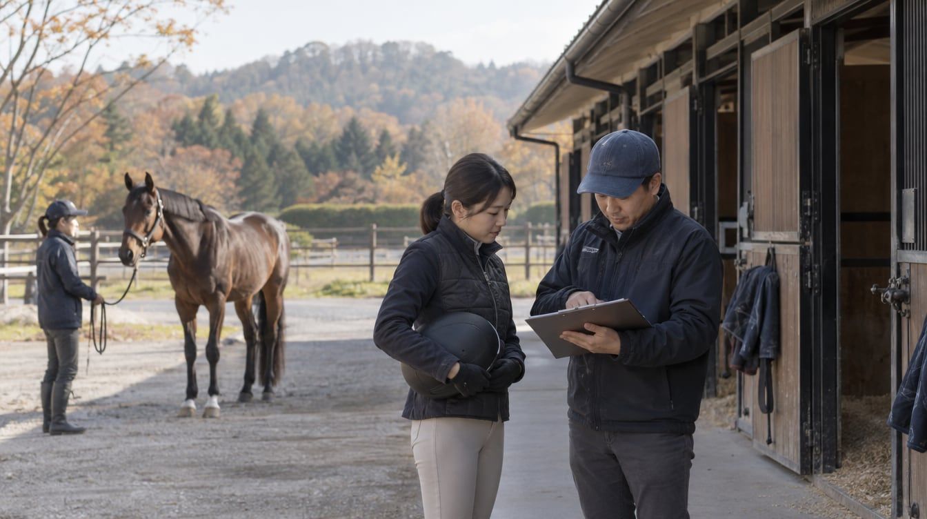 日本の乗馬クラブの厩舎前で、試乗を控えた騎乗者と指導者が書類を確認し、スタッフが鹿毛馬を曳いて待つ