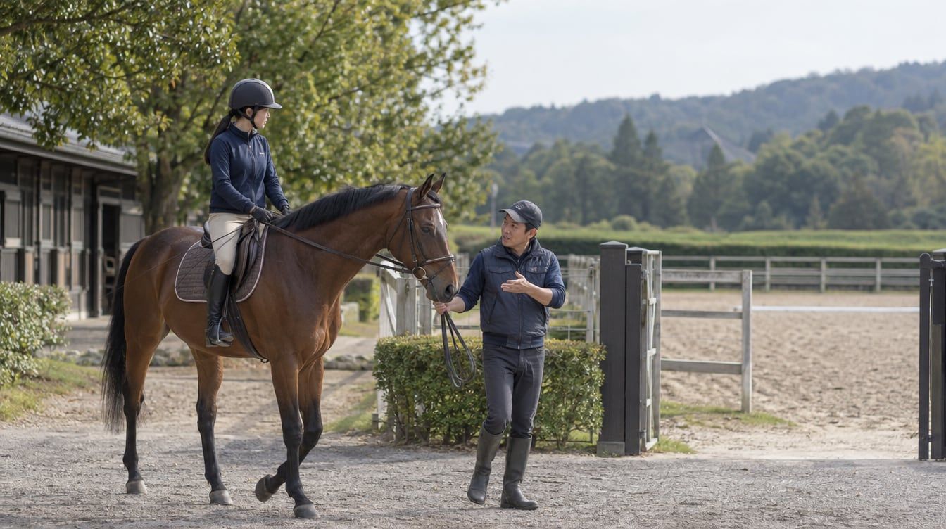 日本の乗馬施設で、引退競走馬のサラブレッドを引いて歩き、騎乗者と調教師が様子を確かめる