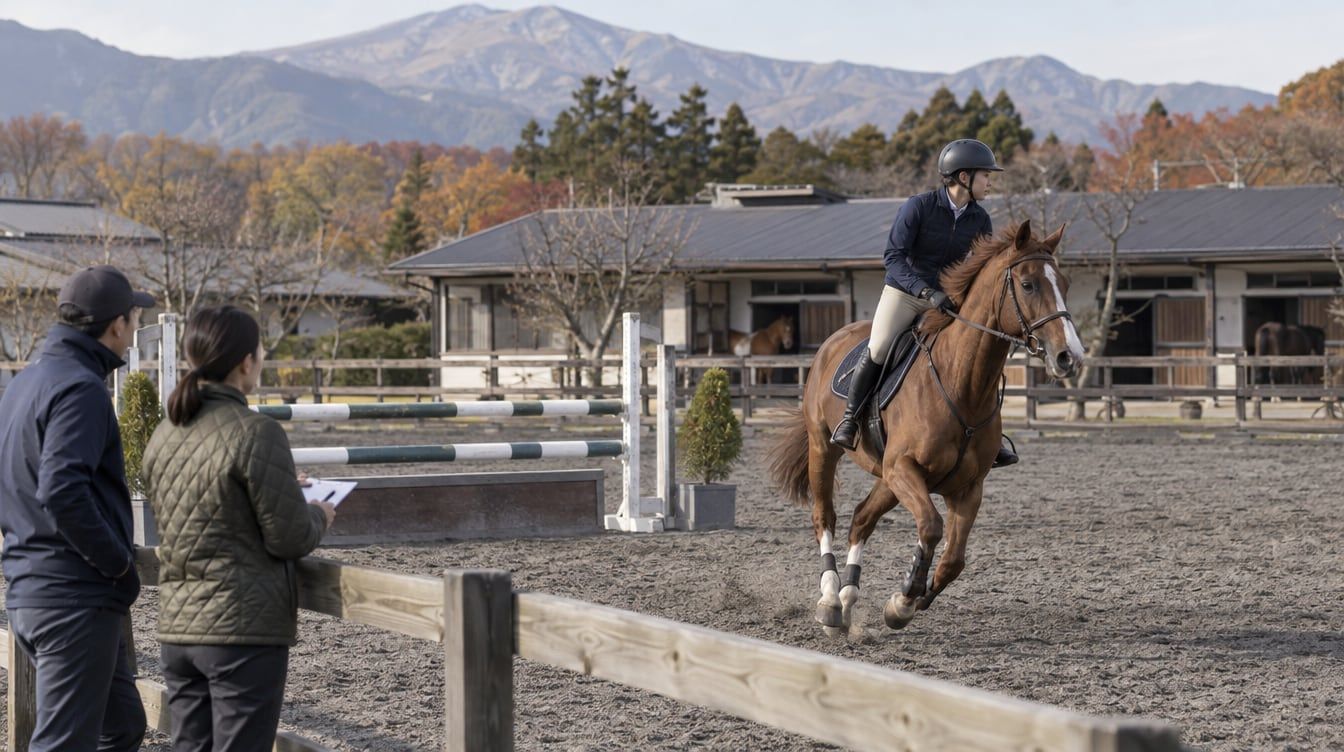 障害馬の購入前に、試乗で走行を確認する場面のイメージ