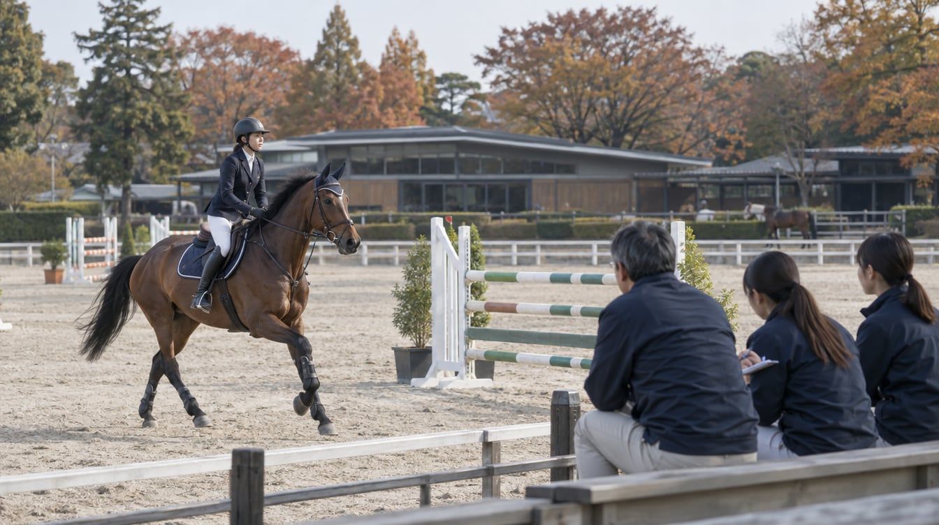 障害が置かれた馬場を進む馬とヘルメット姿の騎手を、柵の外の三人が見守るイメージ画像
