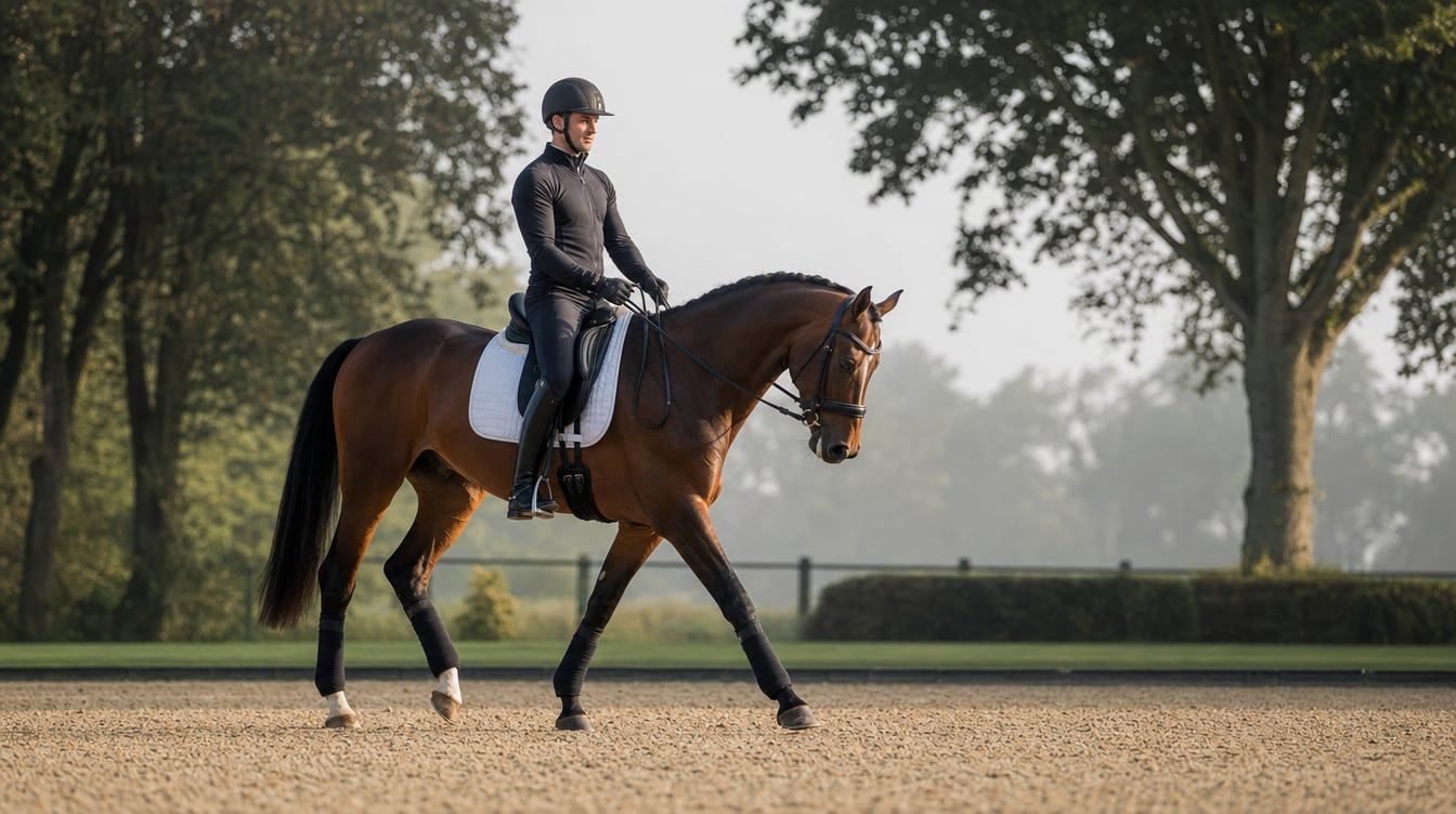 Jeune cheval de dressage au pas libre décontracté sur une carrière extérieure calme