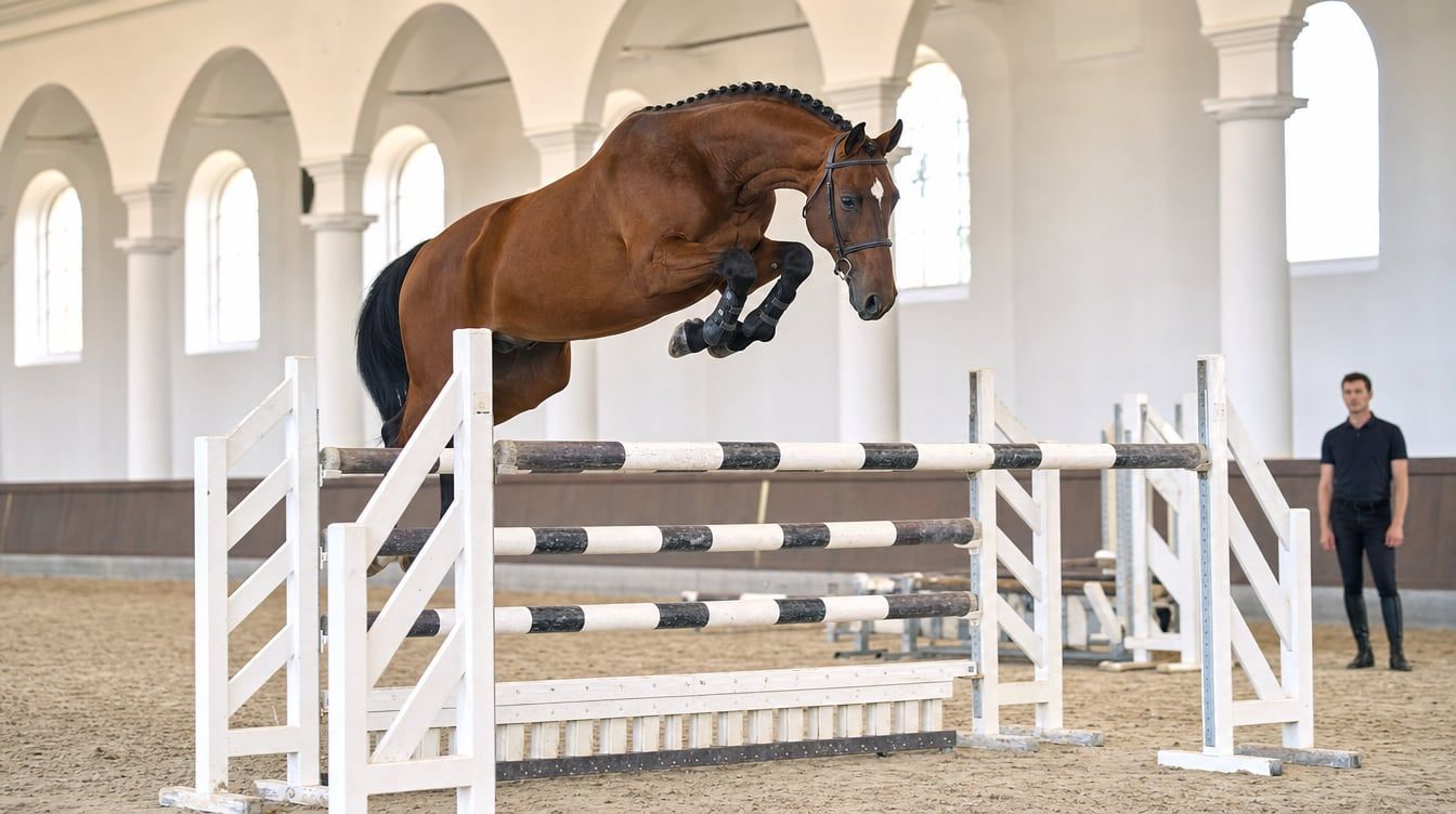 Young showjumping stallion free jumping over an oxer in a bright training arena