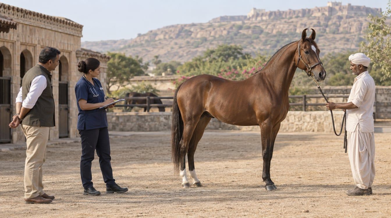 Two people observing a horse held by a handler in an outdoor yard