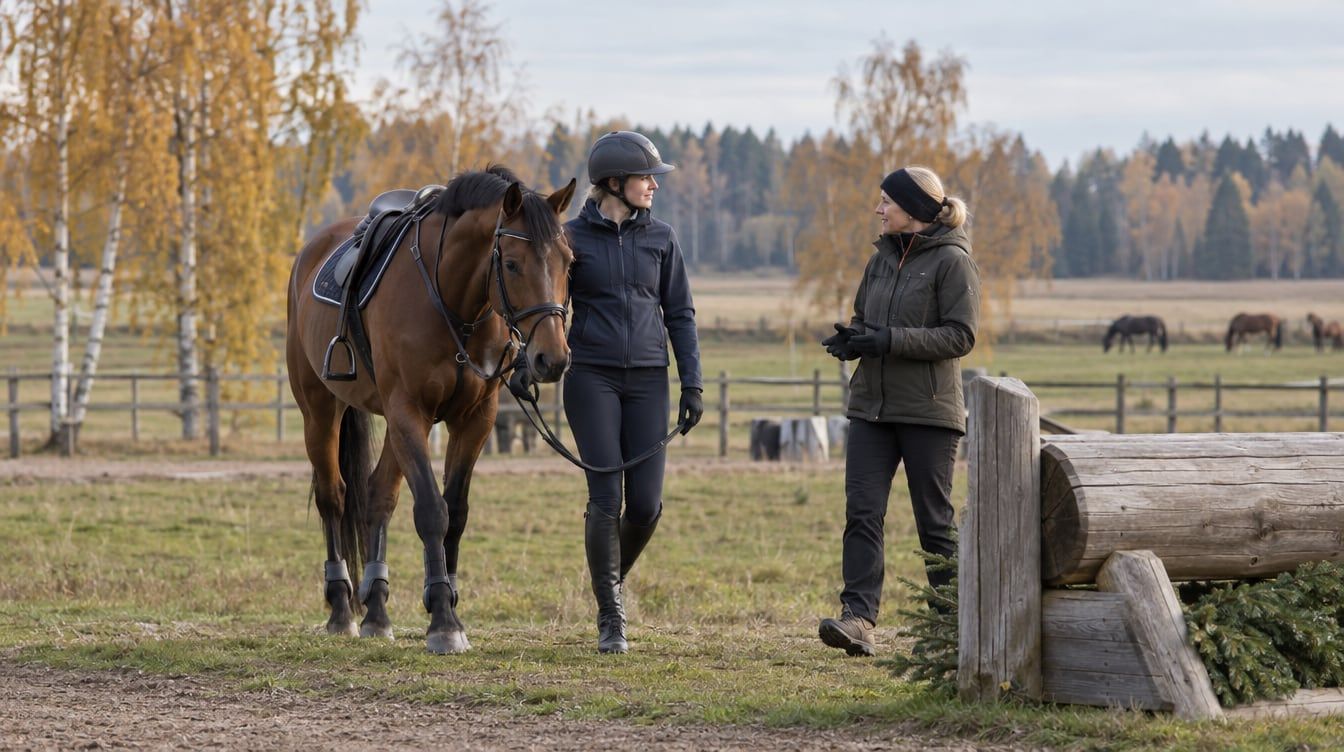Ratsastaja taluttaa satuloitua ruunikkoa hevosta puisen maastoesteen vieressä valmentajan seuratessa.