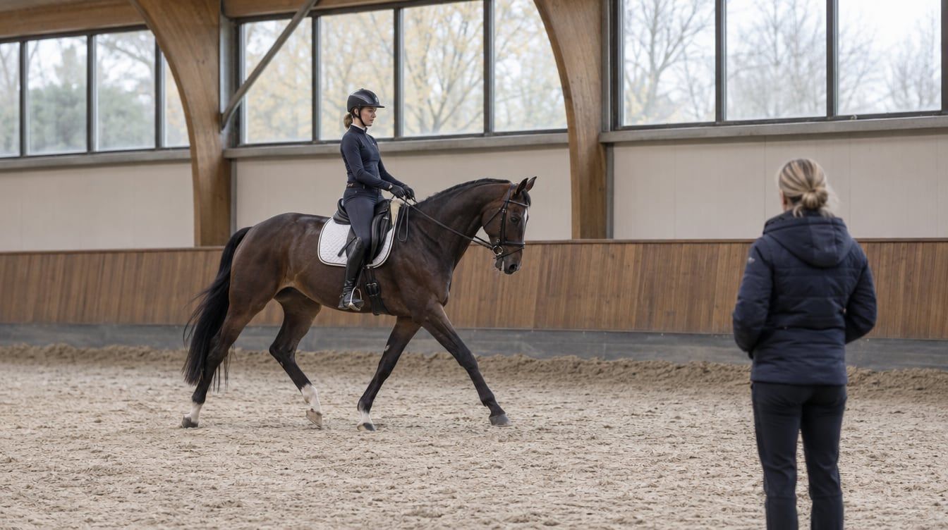Ruiter rijdt een dressuurproef met paard in een Nederlandse binnenmanege