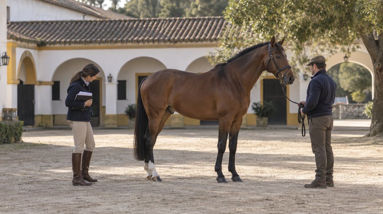 Cavalo castanho à mão num pátio, entre uma mulher com um caderno e um homem que segura a guia.