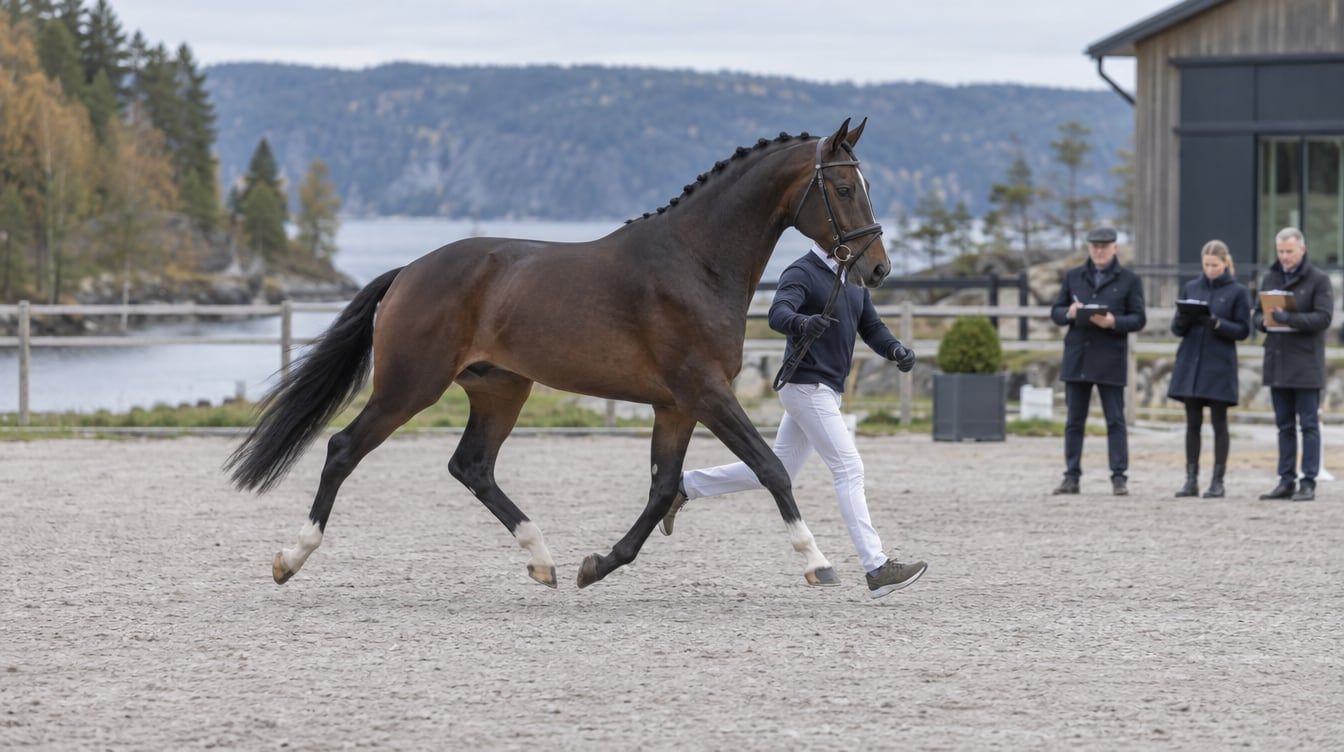 Hingst blir mønstret på fast underlag under hingstekåring i Norge