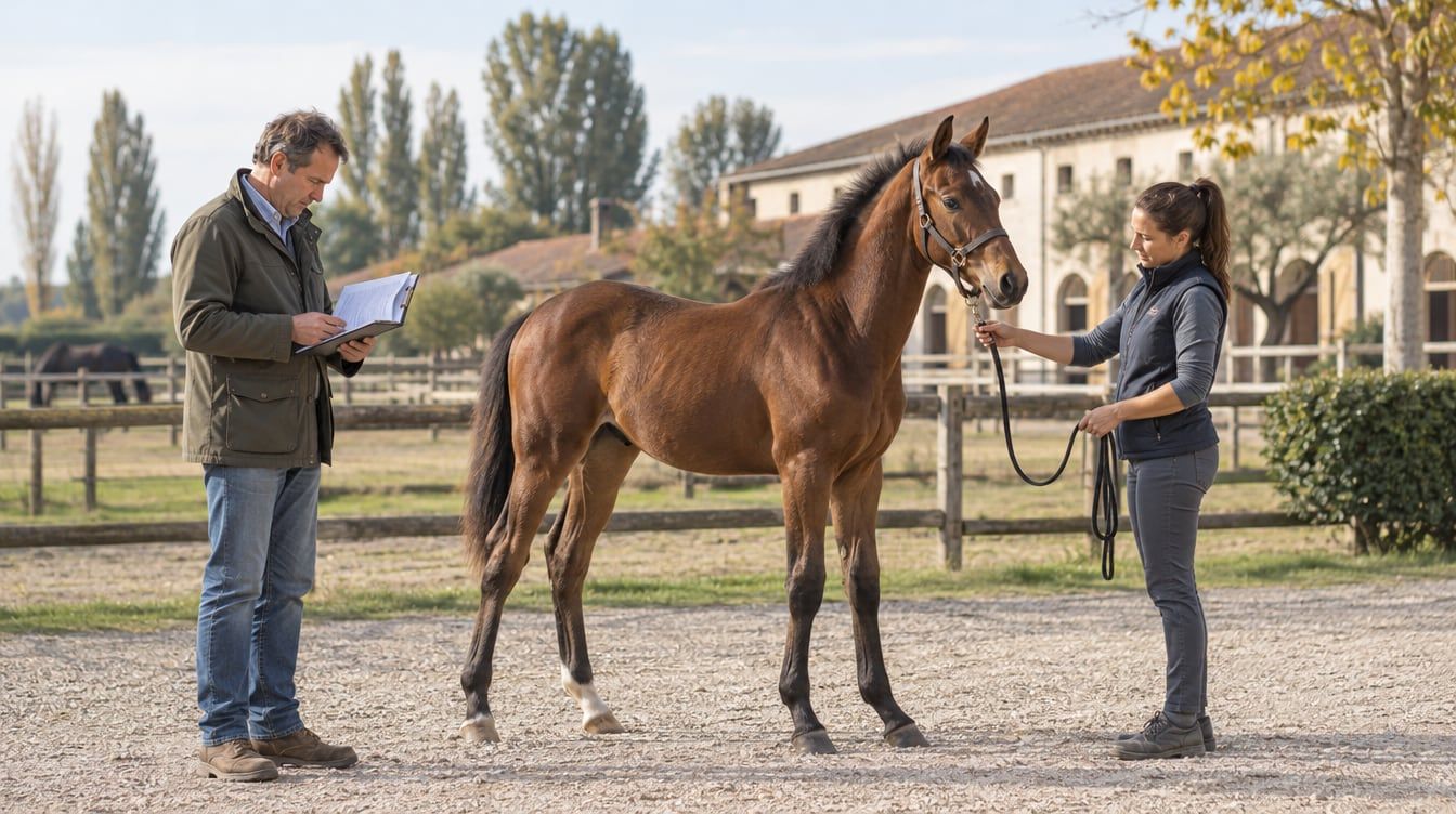Allevatore con cavallo CAITPR durante una valutazione alla mano in un allevamento italiano