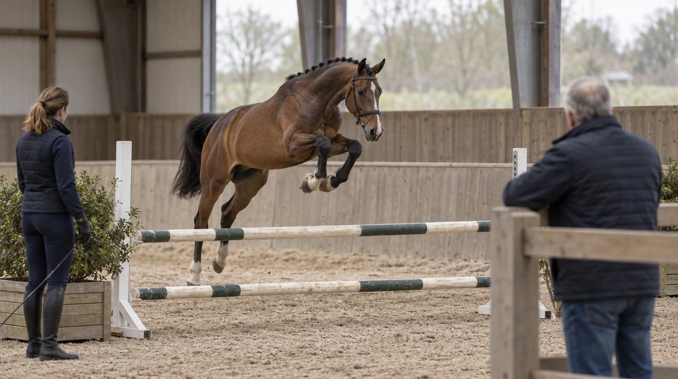 En brun hest springer over en forhindring i et ridehus, mens to personer følger den fra siden.
