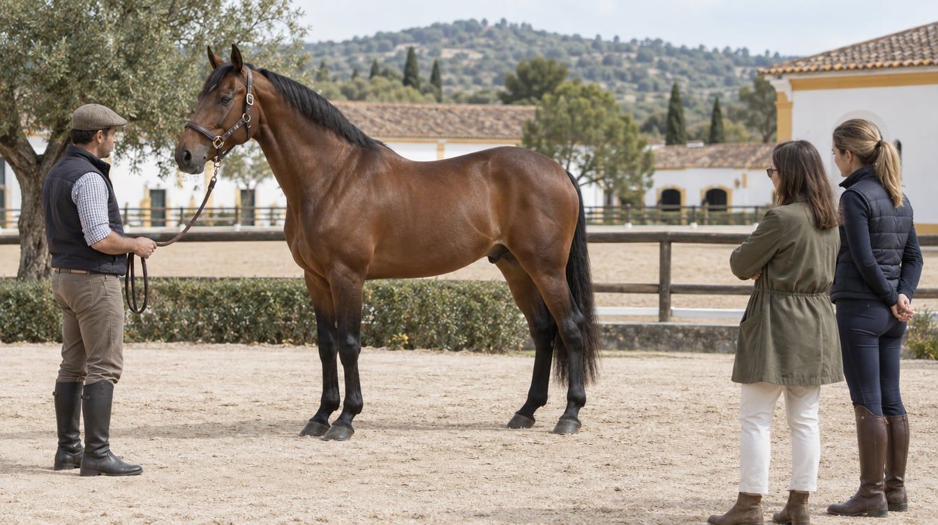 Um homem segura um cavalo castanho pela guia enquanto duas mulheres o observam junto ao picadeiro.