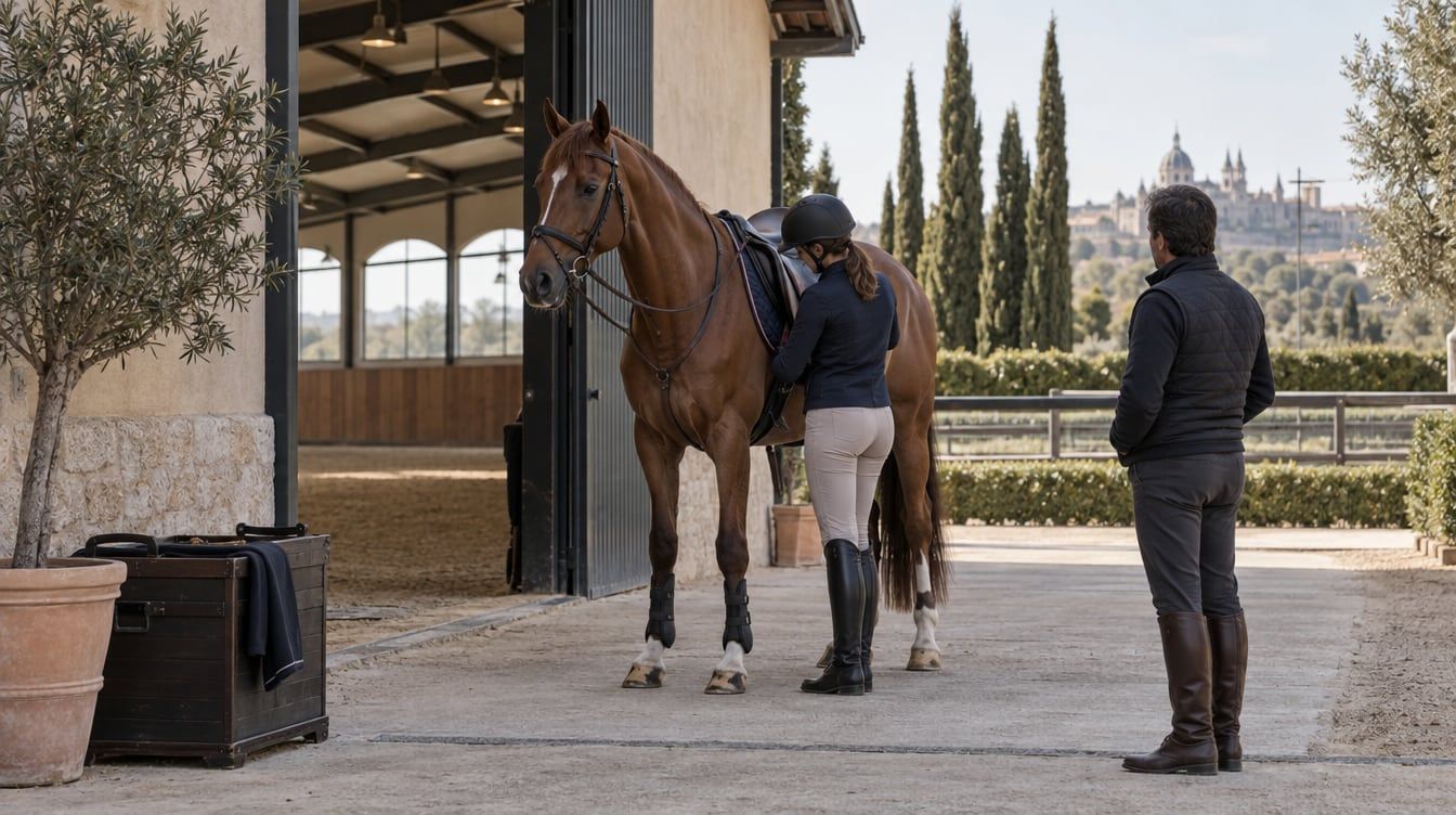 Una amazona prepara un caballo castaño junto a una pista cubierta en Madrid mientras su entrenador observa.