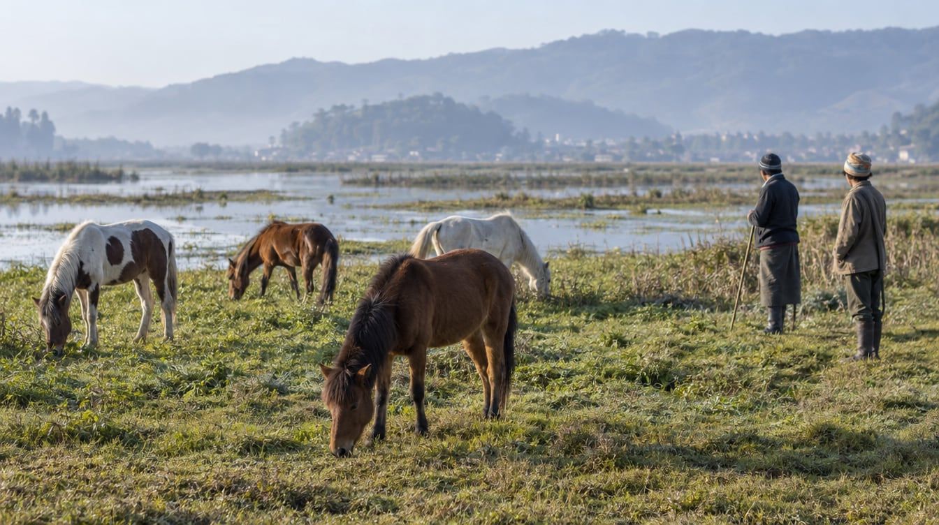 Four ponies grazing beside a wetland, with two people standing nearby and hills in the distance