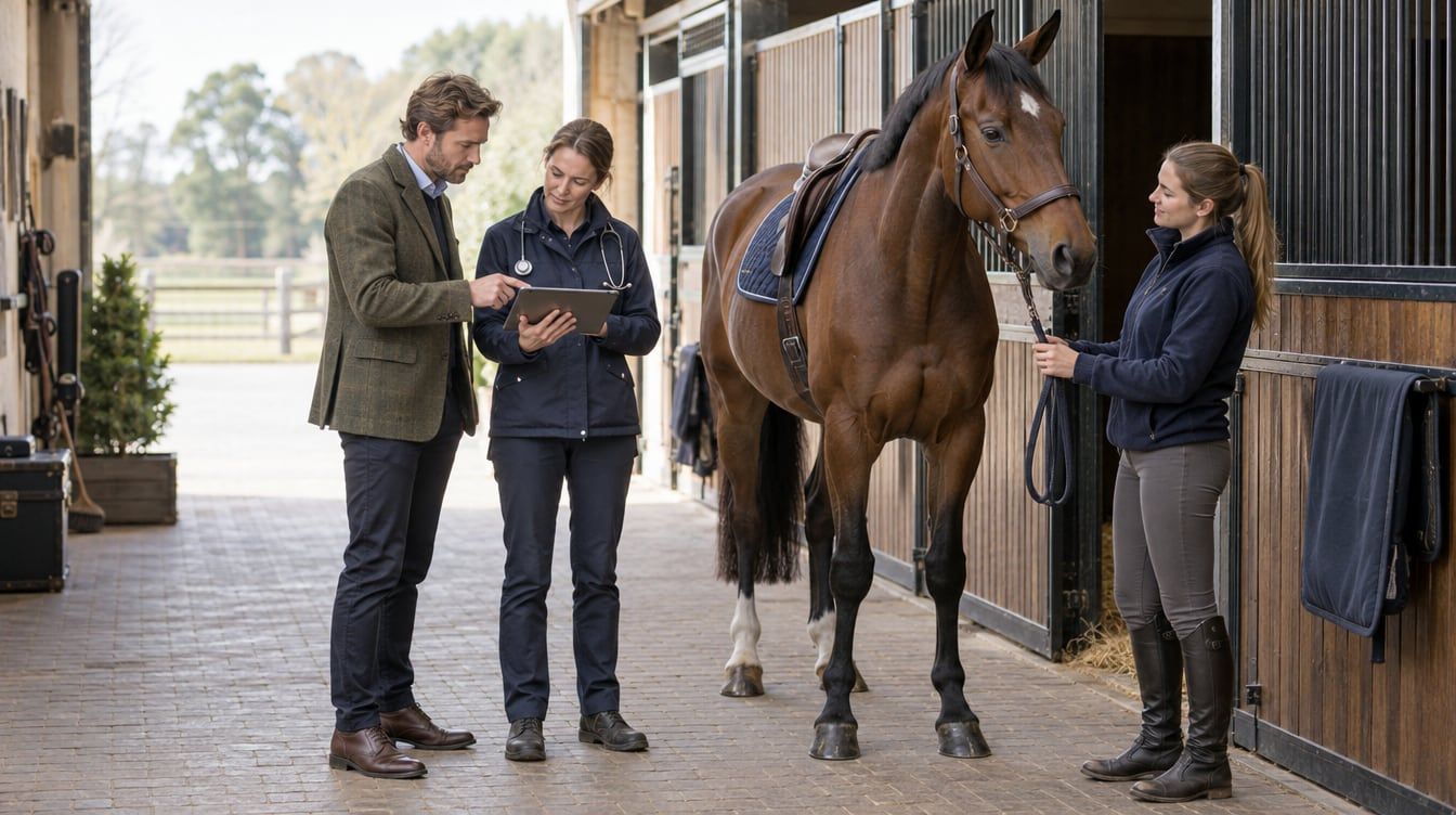 Buyer and vet reviewing medical treatment records beside a saddled bay gelding in a stable aisle.