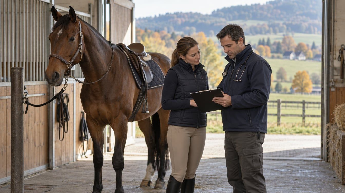 Reiterin und Tierarzt besprechen Unterlagen neben einem gesattelten Warmblut in einem Schweizer Stall.