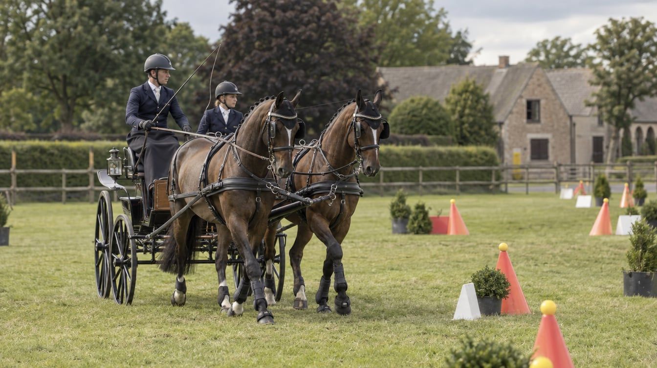 Twee paarden trekken een koets met twee mensen langs kegels op een grasveld