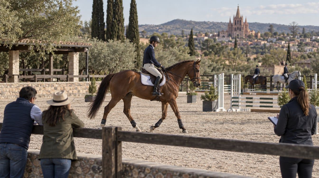 Ilustración de un jinete sobre un caballo castaño en una pista con obstáculos y personas observando junto a una cerca