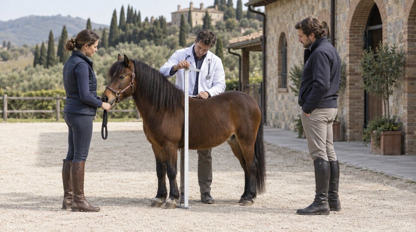 Un veterinario misura un pony al garrese mentre una conduttrice lo tiene fermo alla capezza