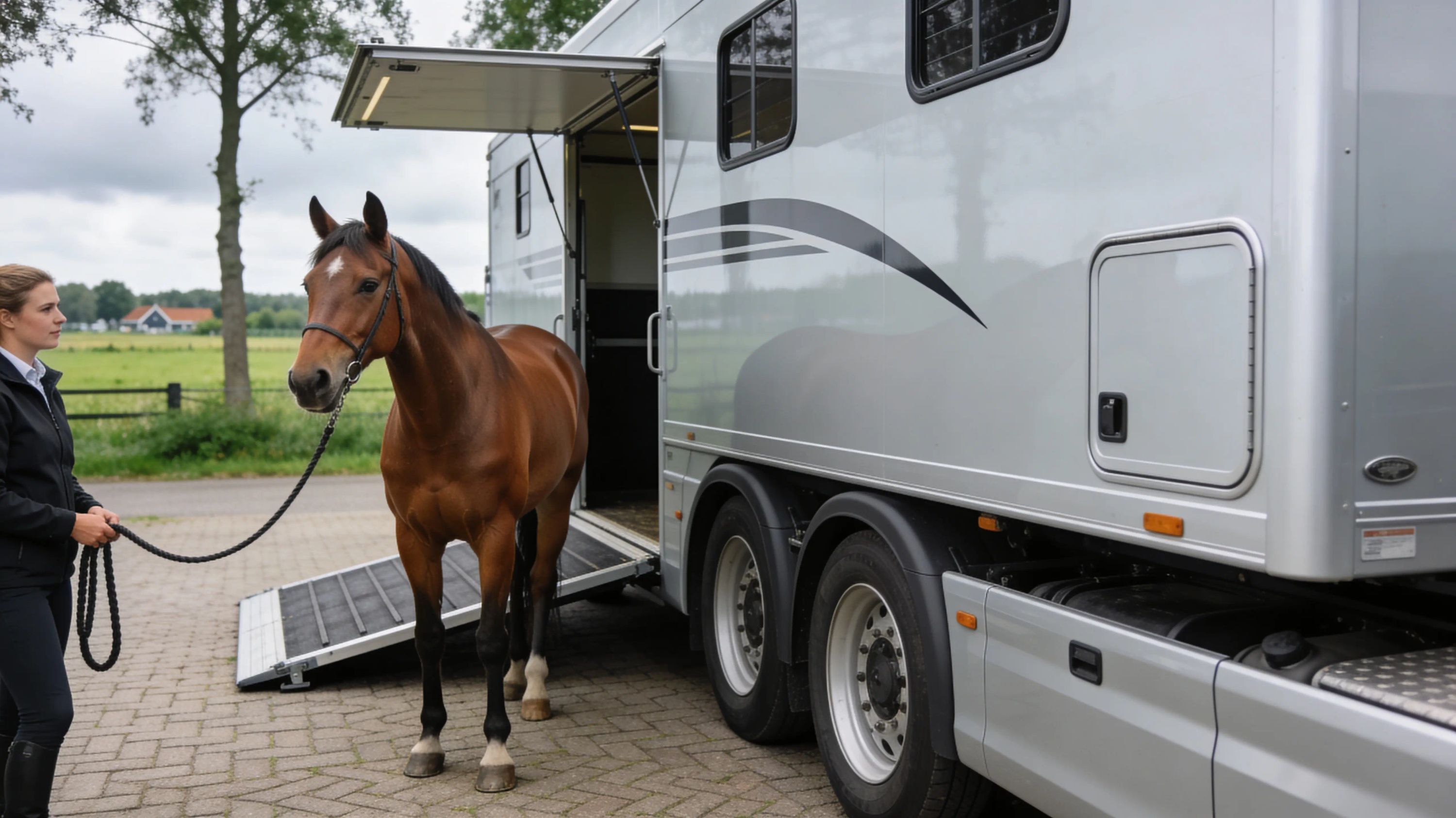 Bay sport horse next to the ramp of a horse lorry under the new transport regulations of 2026