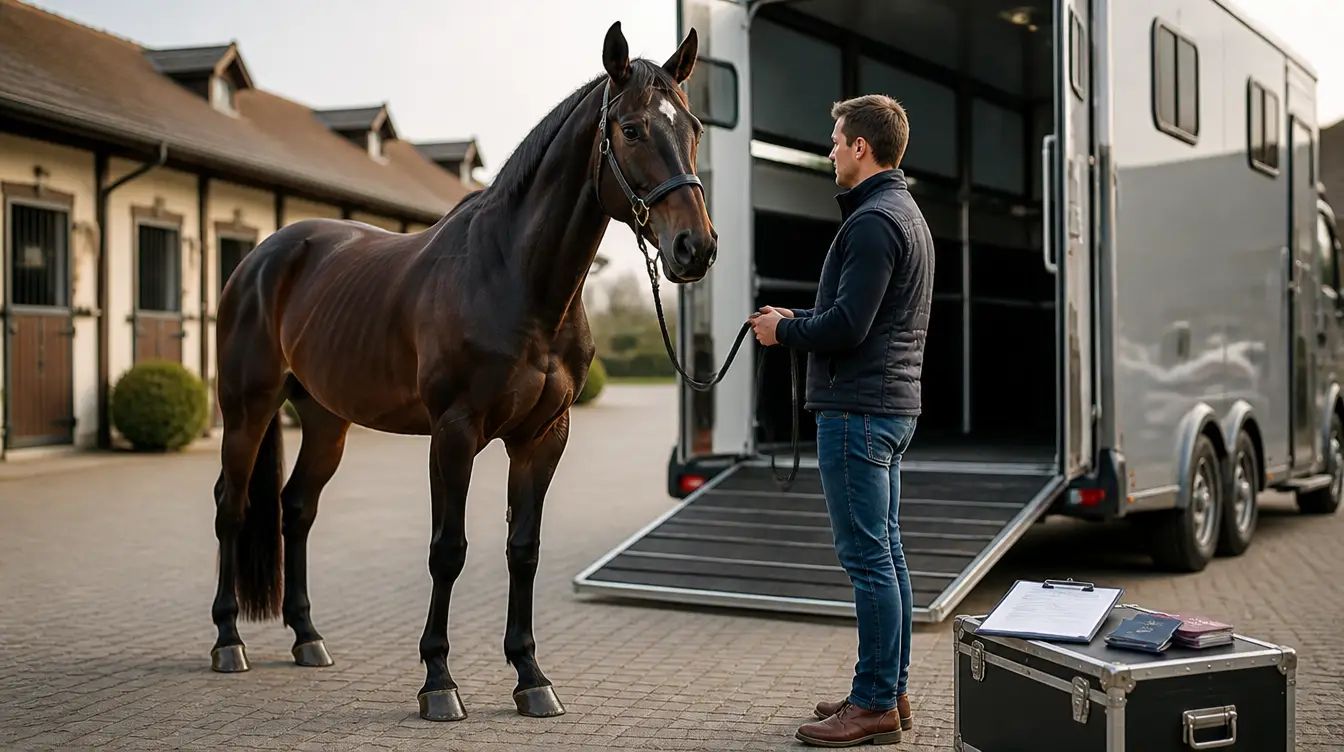 Dark brown warmblood sport horse next to a horse trailer with import papers at a Dutch stable yard