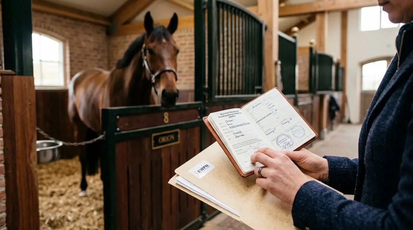 Hands holding a horse passport and paperwork when buying a sport horse in the stable