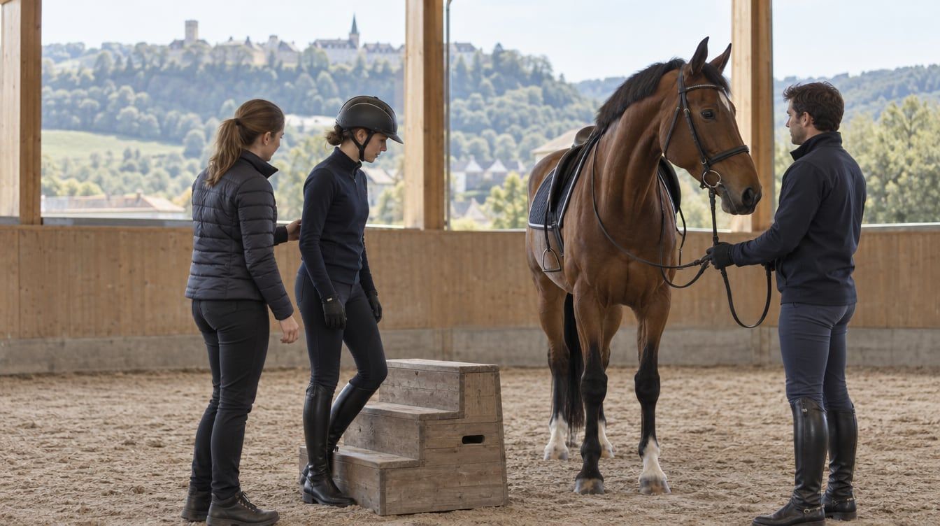 Une cavalière, son accompagnante et un cheval bai près du montoir d’un manège