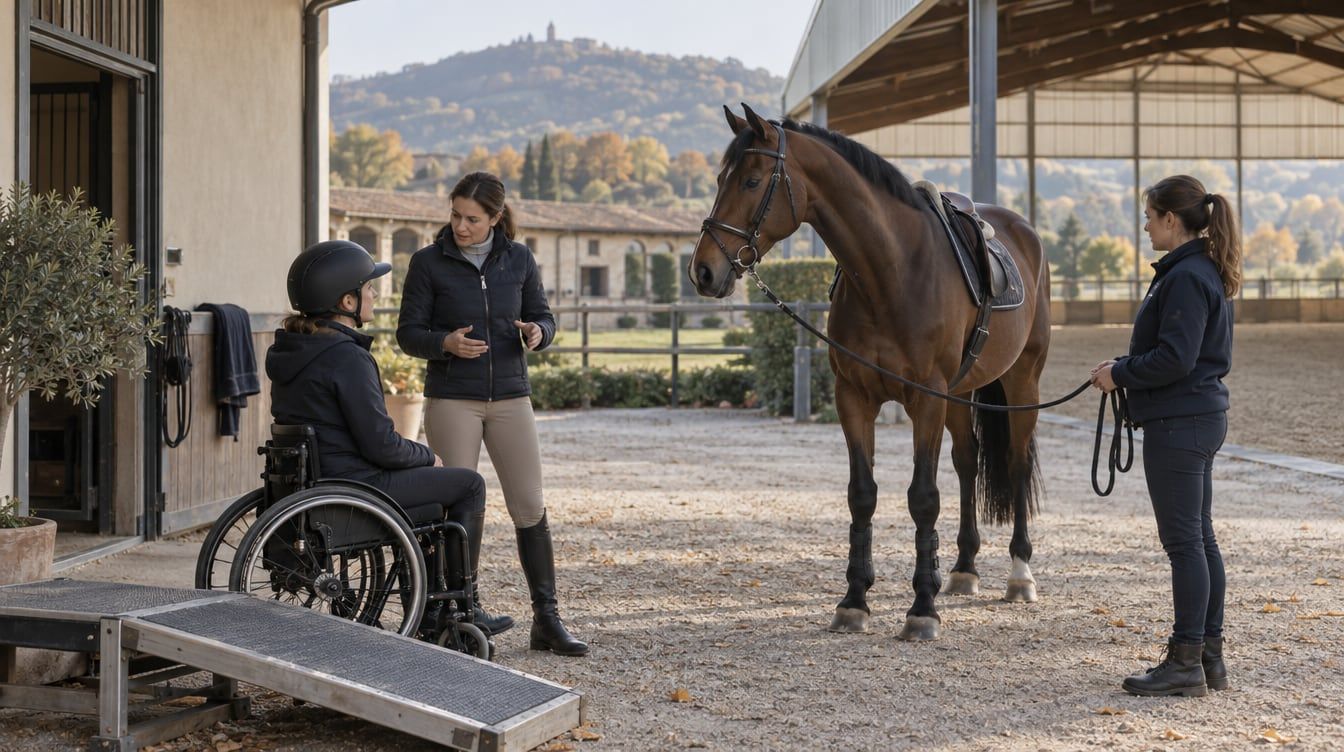Immagine illustrativa: una persona in carrozzina con casco, due persone in piedi e un cavallo sellato davanti a un maneggio