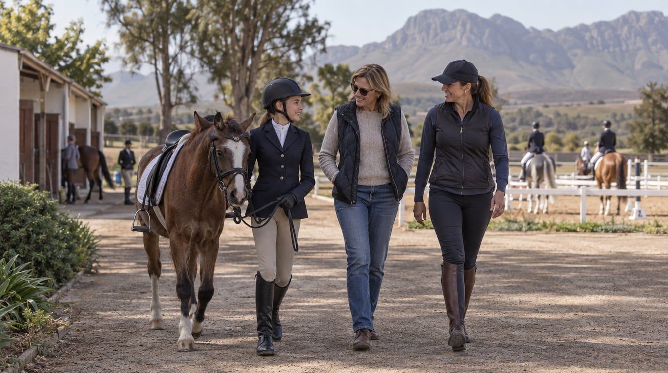 Rider leading a pony with two adults beside an outdoor arena