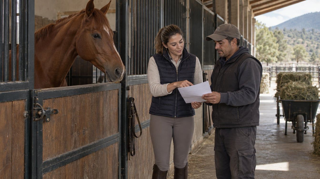 Dos personas revisan una hoja junto a un caballo alazán en la entrada de una caballeriza.