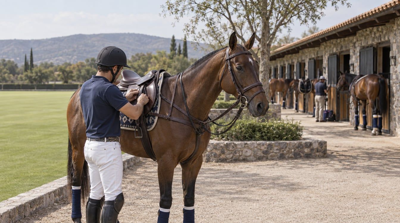 Jugador ensilla un caballo de polo junto a una cancha de pasto